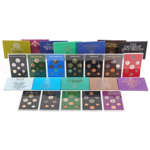 1278 - Twelve world coin sets with boxes including the first coinage sets of Republic of Botswana 1976, Gam... 