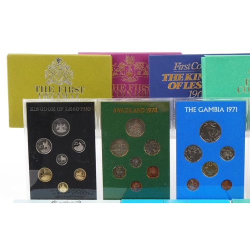 1278 - Twelve world coin sets with boxes including the first coinage sets of Republic of Botswana 1976, Gam... 