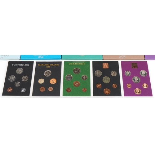 1278 - Twelve world coin sets with boxes including the first coinage sets of Republic of Botswana 1976, Gam... 