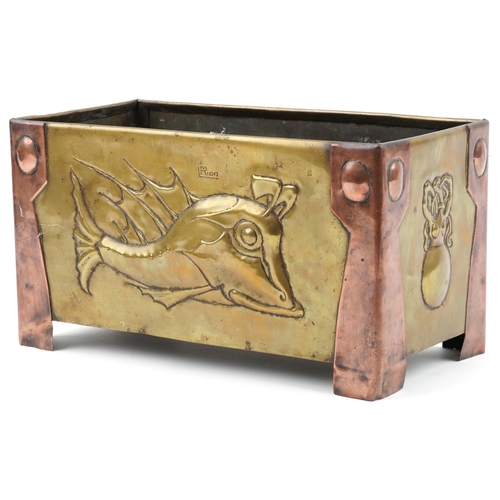 120 - L Rion Arts & Crafts brass and copper planter decorated with stylized fish, 19cm H x 34cm W x 16cm D