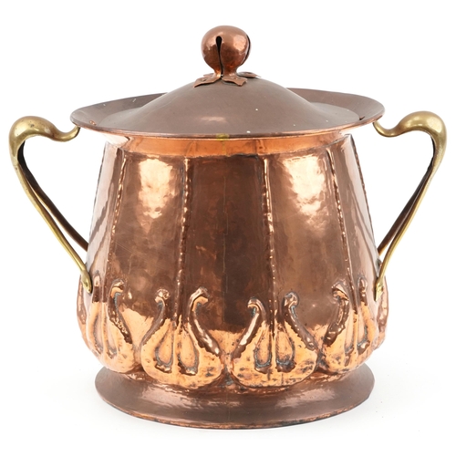 110 - Arts & Crafts copper coal box in the manner of Liberty's with brass strap handles, 40cm high