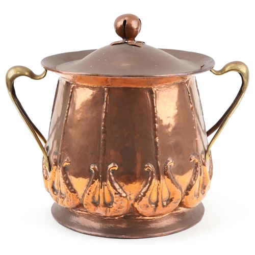 110 - Arts & Crafts copper coal box in the manner of Liberty's with brass strap handles, 40cm high