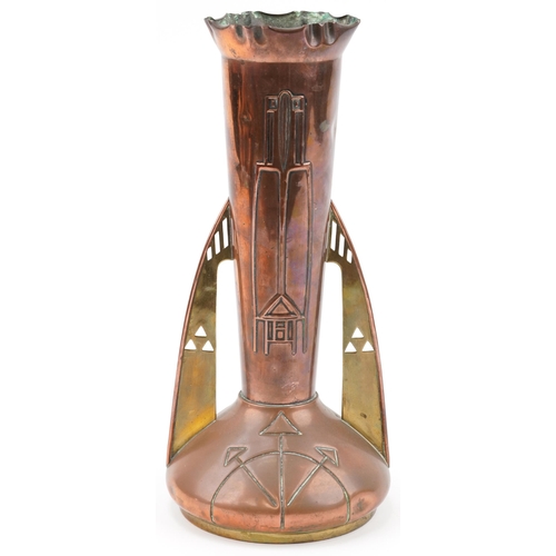 490 - Arts & Crafts copper and brass vase with stylized handles, 38cm high