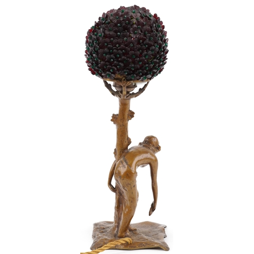 225 - Art Nouveau patinated metal table lamp of a young girl collecting water from a pond with floral glas... 