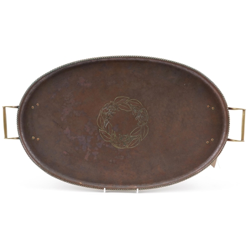 357 - Hugh Wallis Arts & Crafts copper and brass tray with stylized floral centre, impressed mark, 63cm in... 