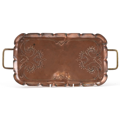 174 - Arts & Crafts copper and brass tray with stylized decoration, impressed JS & S marks to base, 44cm i... 