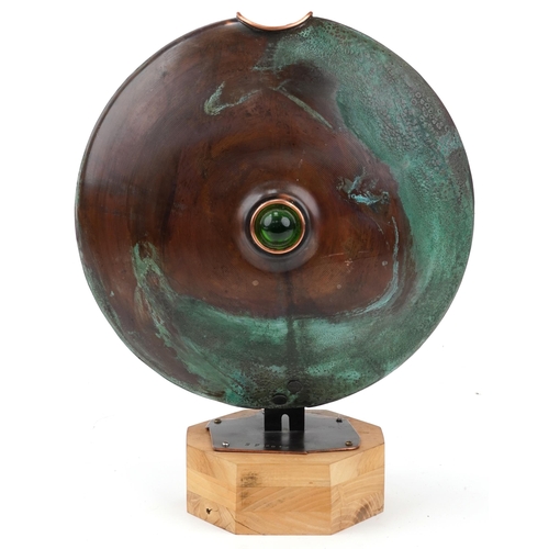 403 - Sam Fanaroff 2013 stylized sculpture inset with blue and green cabochons, mounted on a wooden base, ... 