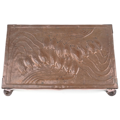 142 - Arts & Crafts copper trivet decorated with stylized tulips, 11cm H x 40cm W x 24cm D