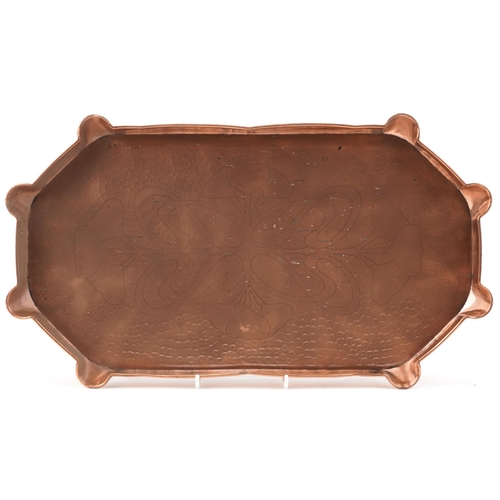 Arts & Crafts copper tray with stylised decoration impressed Hand Made to the reverse, 47cm in diameter