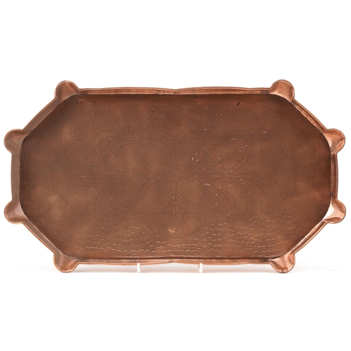 178 - Arts & Crafts copper tray with stylized decoration impressed Hand Made to the back, 47cm in diameter