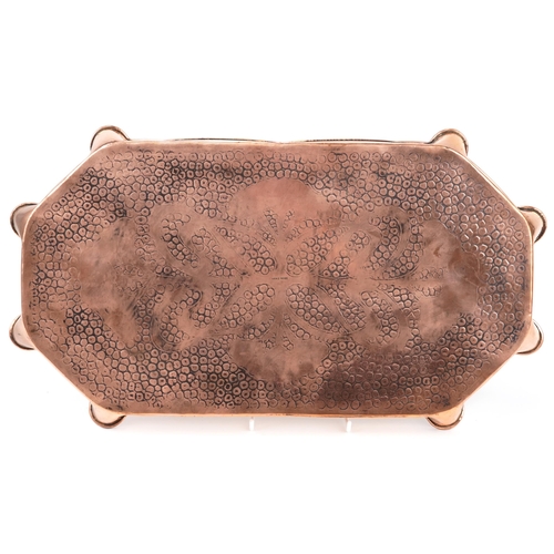 178 - Arts & Crafts copper tray with stylized decoration impressed Hand Made to the back, 47cm in diameter