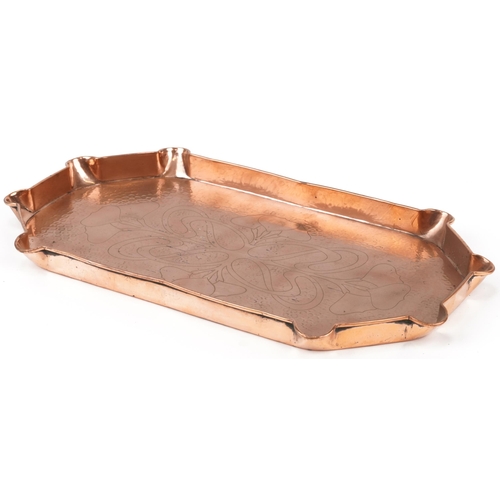 178 - Arts & Crafts copper tray with stylized decoration impressed Hand Made to the back, 47cm in diameter