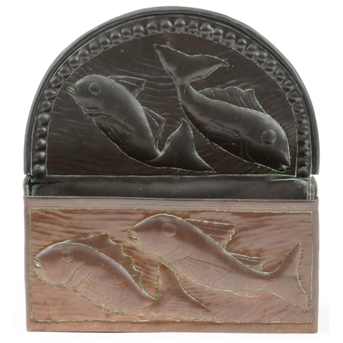 344 - Newlyn Arts & Crafts copper wall pocket decorated with fish, 25cm H x 23cm W x 10cm D