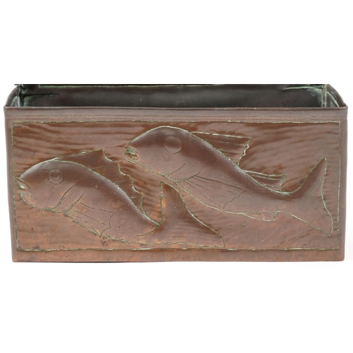 344 - Newlyn Arts & Crafts copper wall pocket decorated with fish, 25cm H x 23cm W x 10cm D