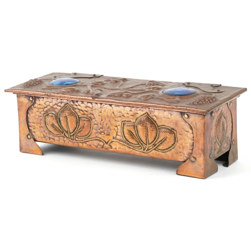 Arts & Crafts copper casket inset with Ruskin panels, decorated with vines and grapes, 12cm H x 38cm W x 14cm D