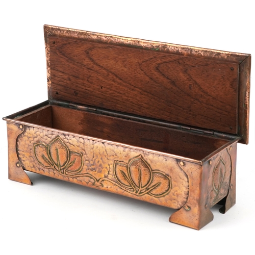 106 - Arts & Crafts Liberty style copper casket inset with Ruskin cabochons, decorated with vines and grap... 