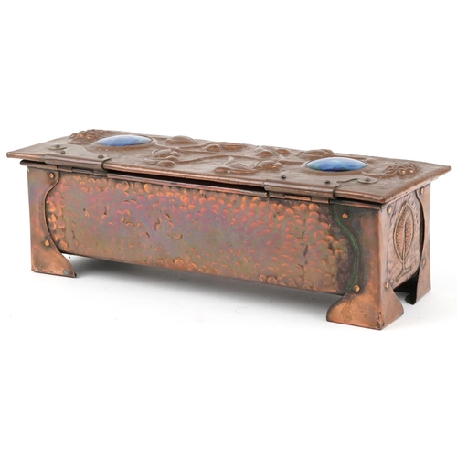 106 - Arts & Crafts Liberty style copper casket inset with Ruskin cabochons, decorated with vines and grap... 