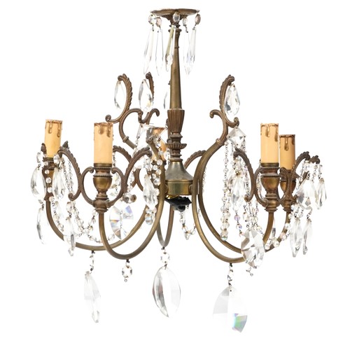 1028 - Five branch gilt brass crystal drop chandelier, 50cm high x 44cm in diameter