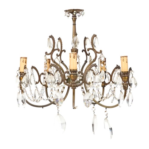 1027 - Five branch gilt brass crystal drop chandelier, 50cm high x 44cm in diameter