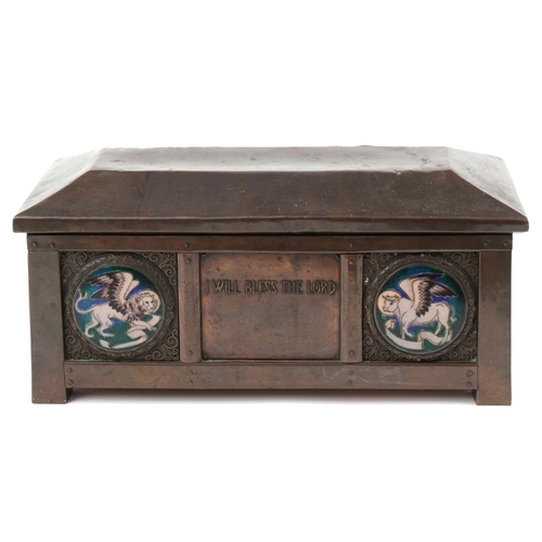 2 - Arts & Crafts Gothic wooden and copper casket with enamelled roundels and script 'I will bless the L... 