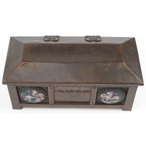 2 - Arts & Crafts Gothic wooden and copper casket with enamelled roundels and script 'I will bless the L... 