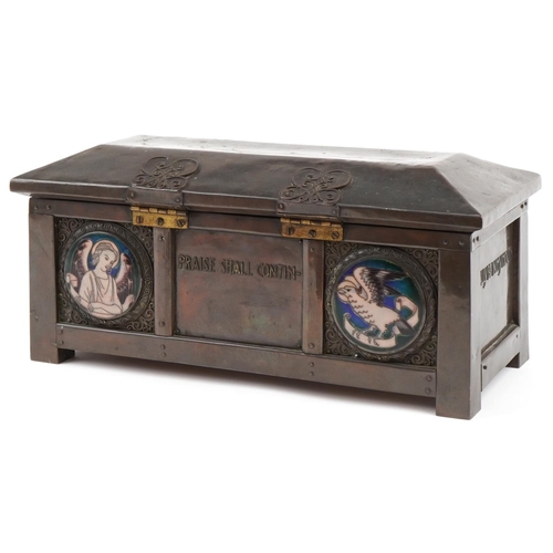 2 - Arts & Crafts Gothic wooden and copper casket with enamelled roundels and script 'I will bless the L... 