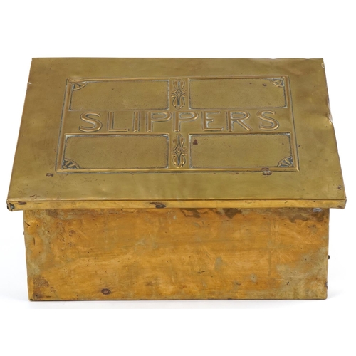 130 - Arts & Crafts wooden and brass Slippers box, 25cm H x 39cm W x 28cm D