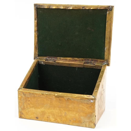 130 - Arts & Crafts wooden and brass Slippers box, 25cm H x 39cm W x 28cm D