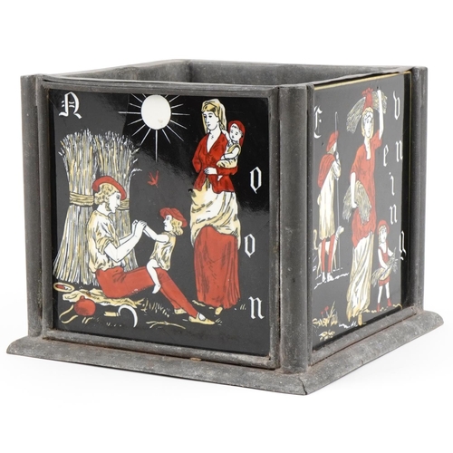 6 - Arts & Crafts metal planter inset with religious ceramic tiles and script, 23cm high