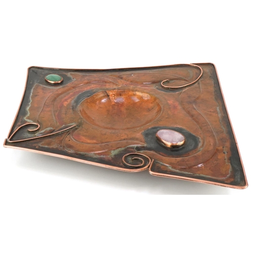 405 - Sam Fanaroff 2014 stylized copper shallow bowl inset with quartz cabochons, SF 2014 stamped to base,... 