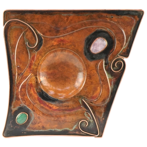 405 - Sam Fanaroff 2014 stylized copper shallow bowl inset with quartz cabochons, SF 2014 stamped to base,... 