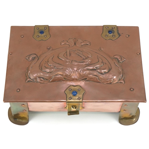 346 - Arts & Crafts Newlyn School brass and copper box inset with blue stones, 10cm H x 24cm W x 16cm D