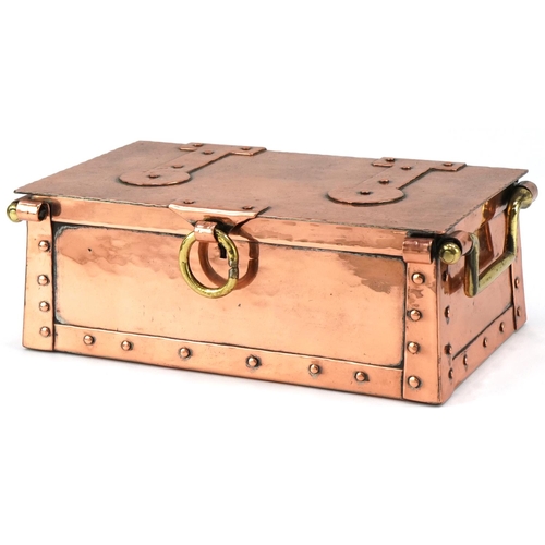 132 - Arts & Crafts copper box with brass handles, 9cm H x 23cm W x 14cm D