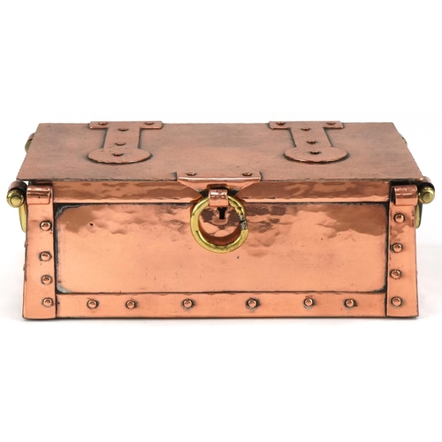 132 - Arts & Crafts copper box with brass handles, 9cm H x 23cm W x 14cm D