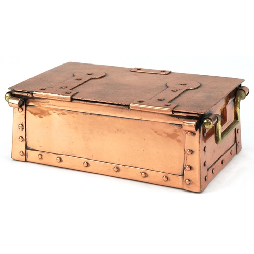 132 - Arts & Crafts copper box with brass handles, 9cm H x 23cm W x 14cm D