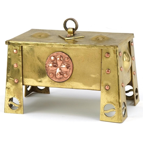 187 - Arts & Crafts brass and copper box with stylized roundels, 16cm x 10cm x 9cm D