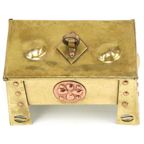 187 - Arts & Crafts brass and copper box with stylized roundels, 16cm x 10cm x 9cm D