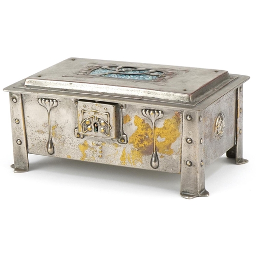 70 - Arts & Crafts silver plated casket with stylized floral enamel panel, 7cm H x 18cm W x 10cm D