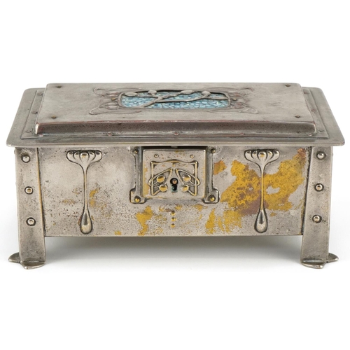 70 - Arts & Crafts silver plated casket with stylized floral enamel panel, 7cm H x 18cm W x 10cm D