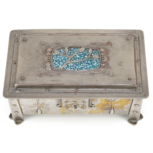 70 - Arts & Crafts silver plated casket with stylized floral enamel panel, 7cm H x 18cm W x 10cm D