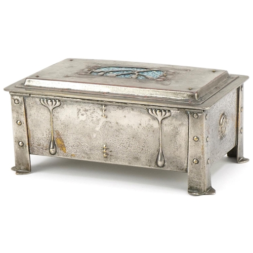 70 - Arts & Crafts silver plated casket with stylized floral enamel panel, 7cm H x 18cm W x 10cm D