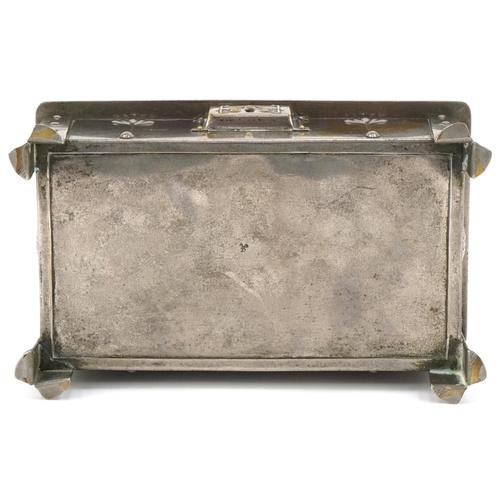 70 - Arts & Crafts silver plated casket with stylized floral enamel panel, 7cm H x 18cm W x 10cm D