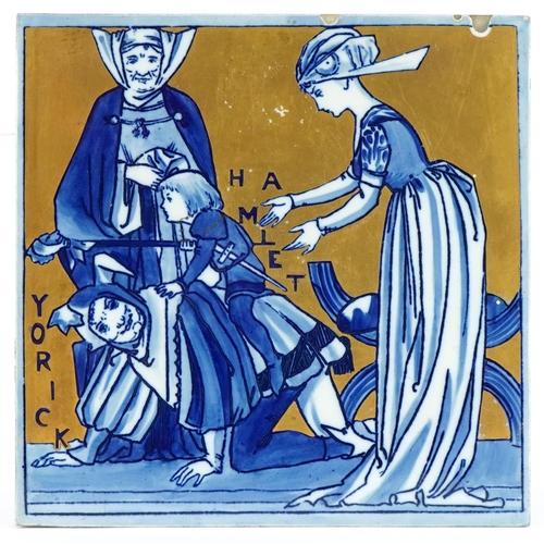 238 - Arts & Crafts Ceramic tile decorated with a Hamlet scene, 20cm x 20cm