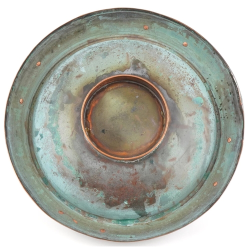 404 - Sam Fanaroff stylized copper dish inset with cabochon hardstones, impressed SF 009, 45cm in diameter