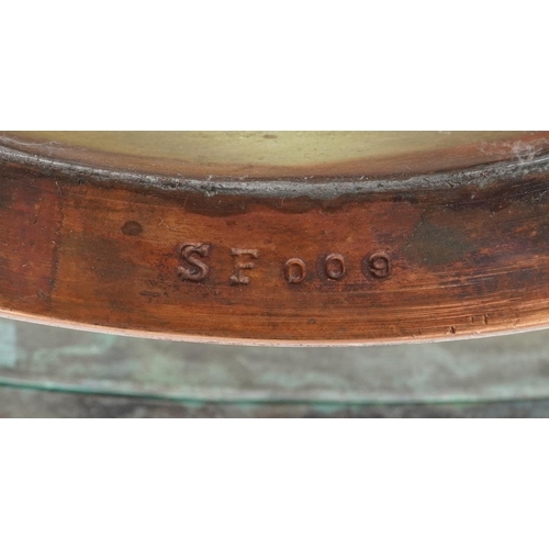 404 - Sam Fanaroff stylized copper dish inset with cabochon hardstones, impressed SF 009, 45cm in diameter