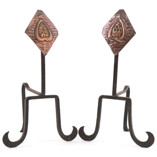 156 - Pair of Arts & Crafts copper and wrought iron firedogs, 44cm high