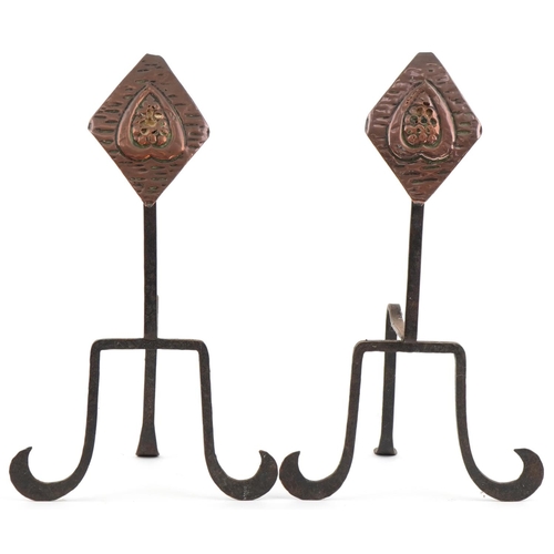 156 - Pair of Arts & Crafts copper and wrought iron firedogs, 44cm high