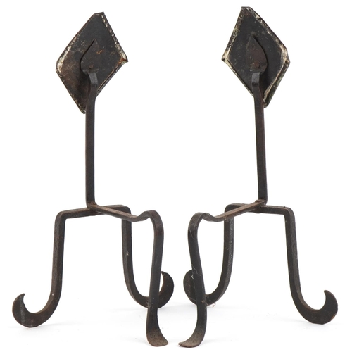 156 - Pair of Arts & Crafts copper and wrought iron firedogs, 44cm high