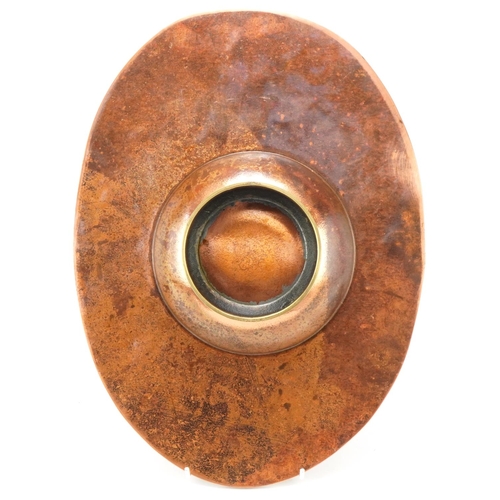 406 - Sam Fanaroff copper stylized dish inset with a cabochon stone, impressed SF, 37cm in diameter