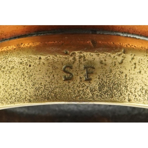 406 - Sam Fanaroff copper stylized dish inset with a cabochon stone, impressed SF, 37cm in diameter